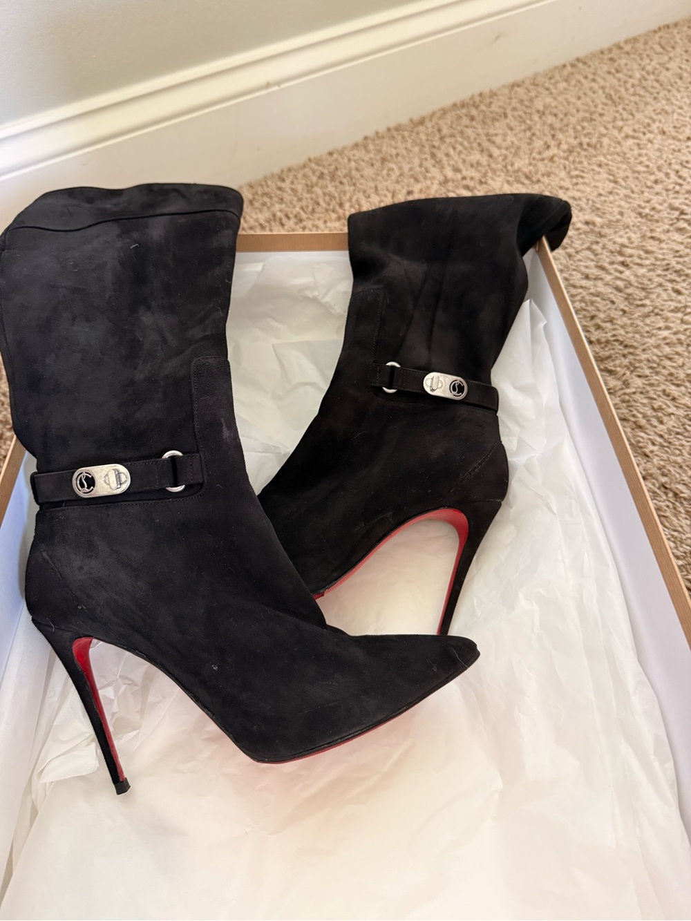 Christian Louboutin  Suede Stiletto Knee Boot with Red Sole